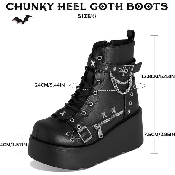 Women Polyurethane A-black Wedge Round Toe Buckle Combat Leather Platform Boots - Picture 6 of 7